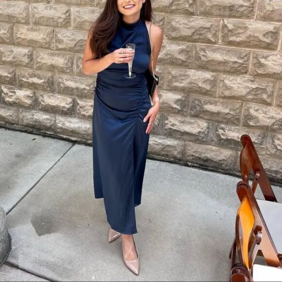 A.L.C. Blue Satin Halter Gown Size 8 Cocktail Asymmetric Ruched Midi Dress $500 - Picture 6 of 14